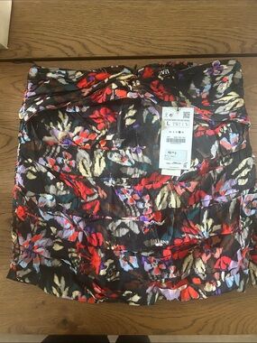 Zara Black Floral Ruched Mini Skirt with Red, Purple & Cream Accents